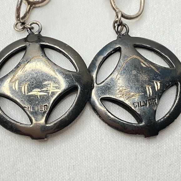 Vintage Dangle Screw Back Earrings Asian Inspired Design In Silver Etched Discs - Picture 6 of 9